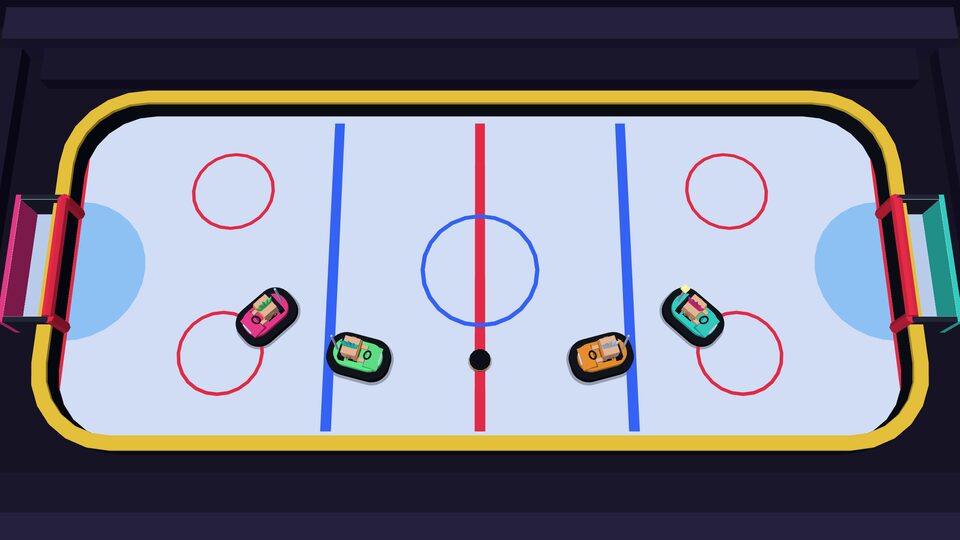 Bumper Punks: four bumper cars with punk drivers fighting for the puck on an ice rink
