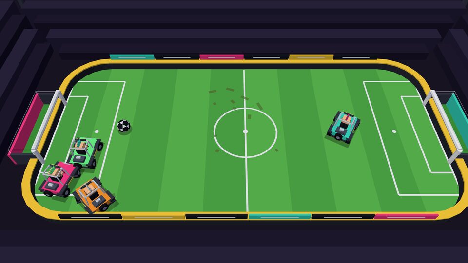 Derby Punks: four armoured buggies with punk drivers fighting for the ball on a torn-up football pitch