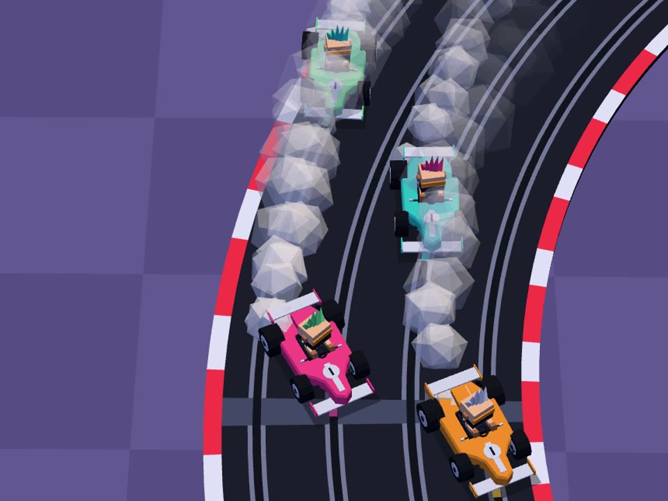Groove Punks: four slot cars drifting through a corner in a cloud of tyre smoke